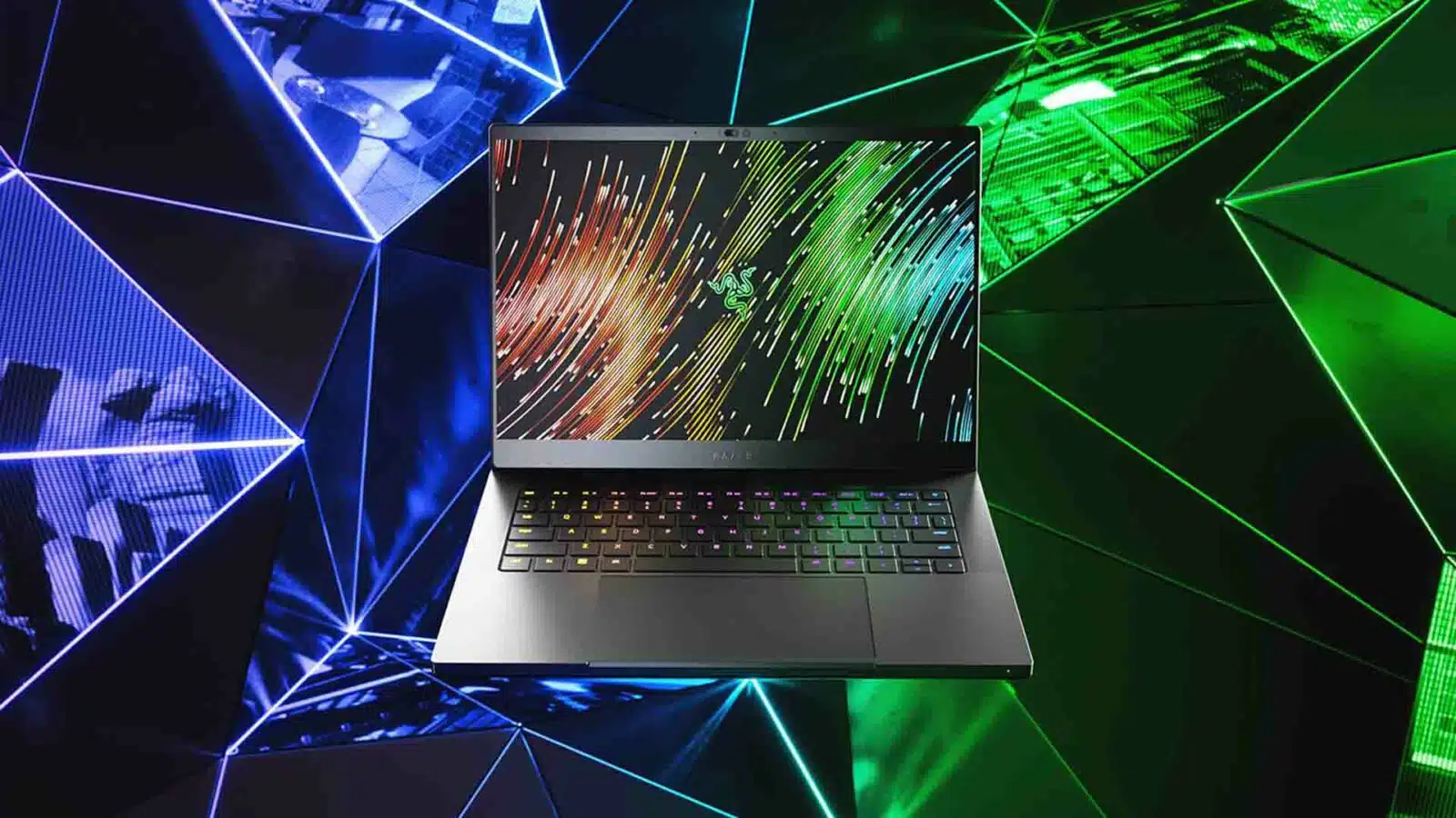 Laptop with colorful keyboard and vibrant screen graphics. Razer 14