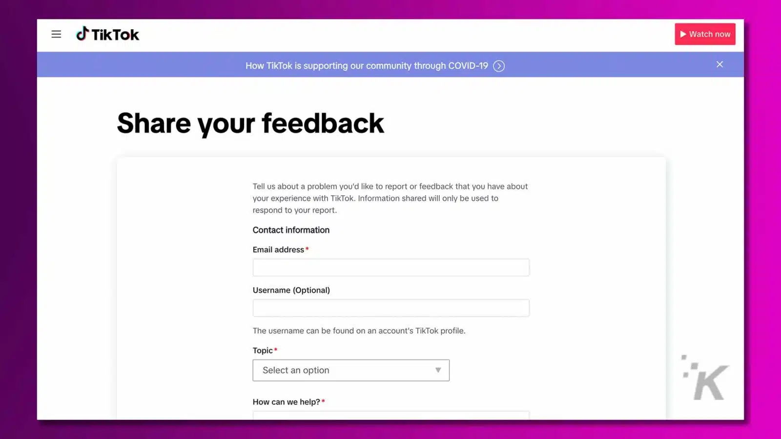 TikTok feedback form webpage screenshot.
