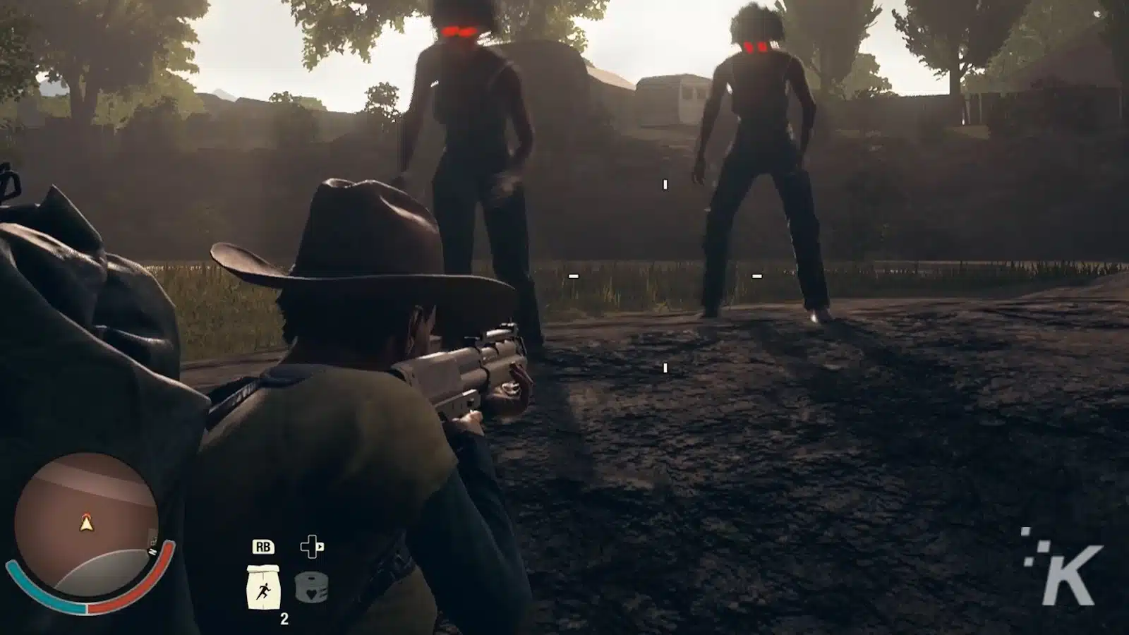 Cowboy aiming at zombies in a video game.