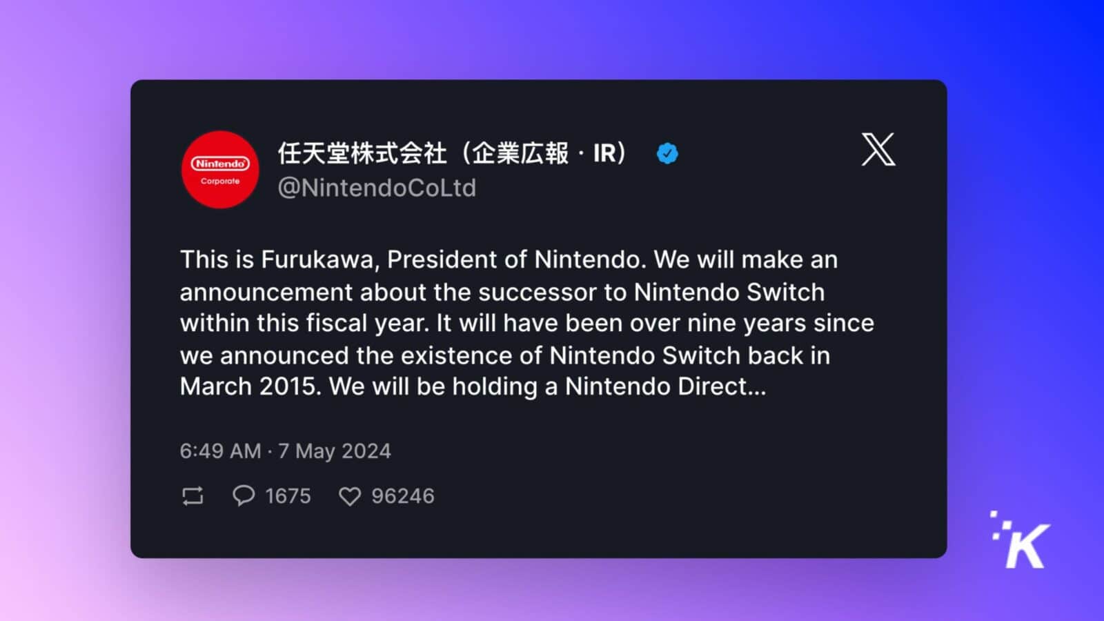 Nintendo tweet about new Switch successor announcement.