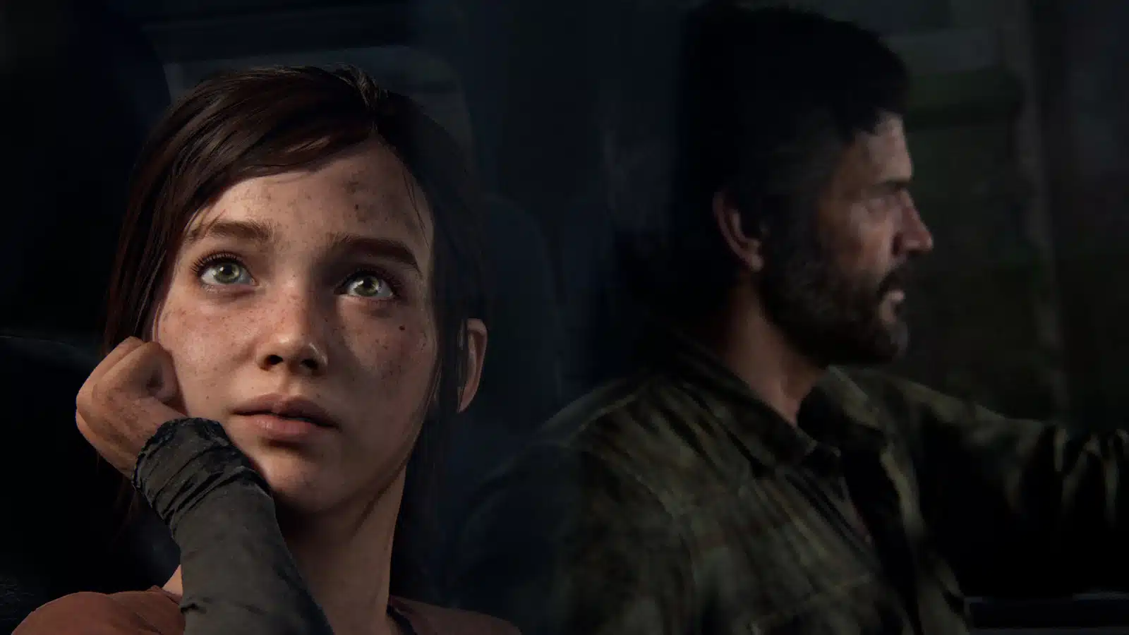 PlayStation Man and girl in car, intense expressions, post-apocalyptic setting.
