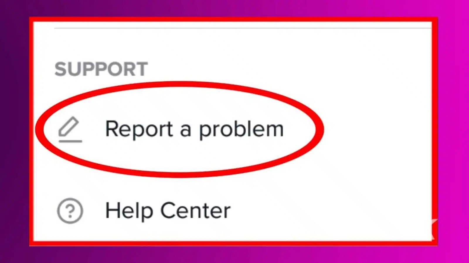 Support menu highlighting 'Report a Problem' option