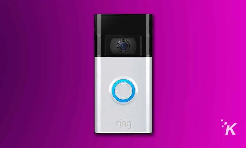 The ring doorbell is shown on a purple background