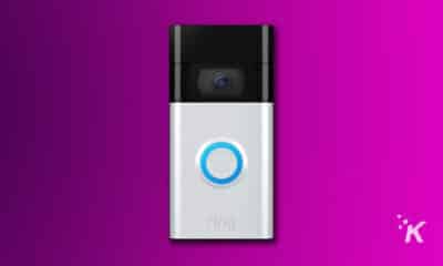 The ring doorbell is shown on a purple background