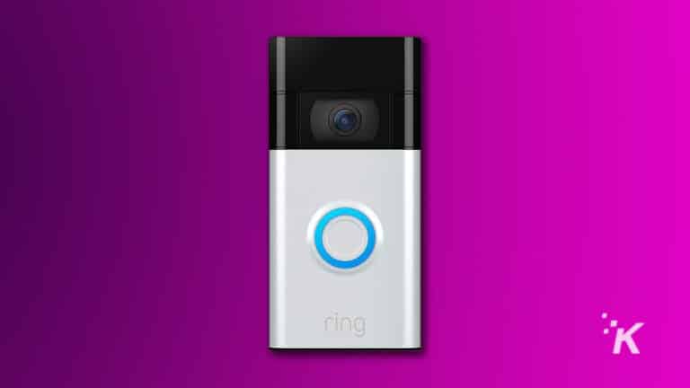 The ring doorbell is shown on a purple background