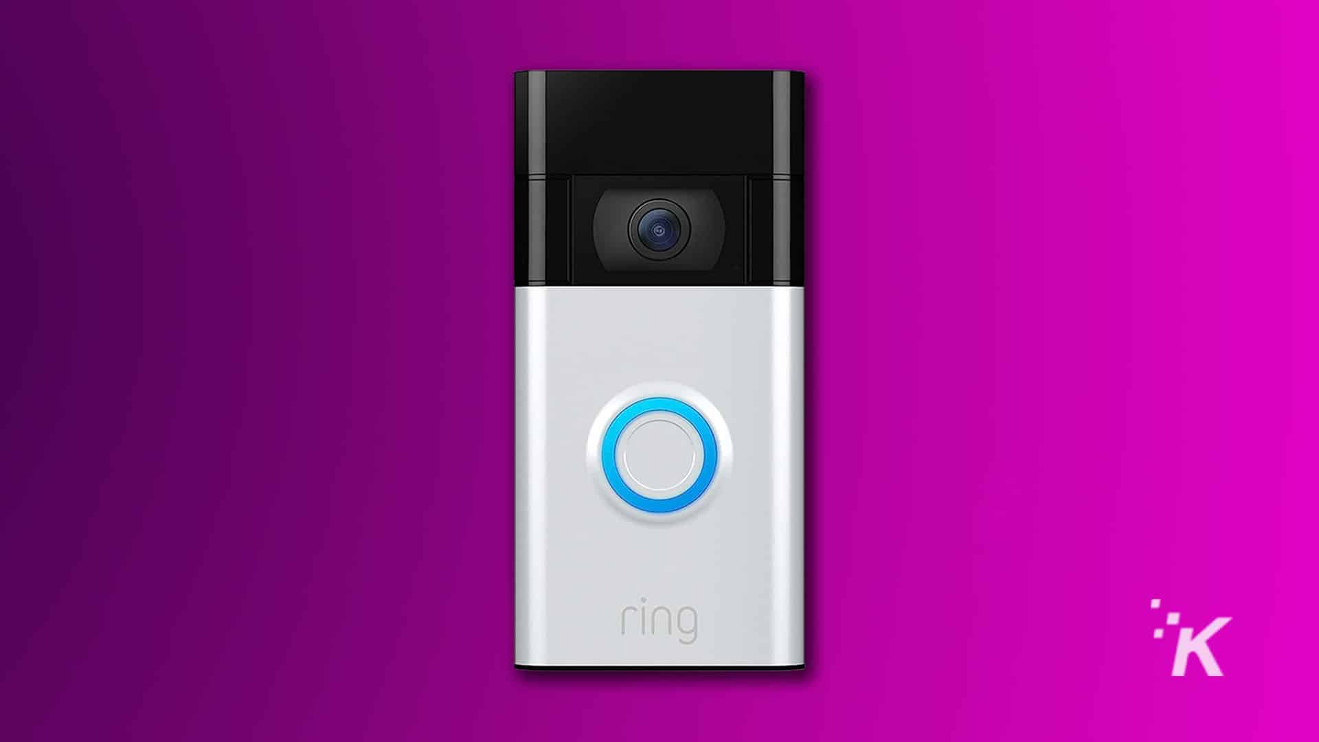 The ring doorbell is shown on a purple background