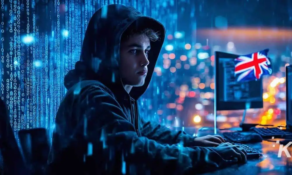 Hacker coding in dark room with UK flag.