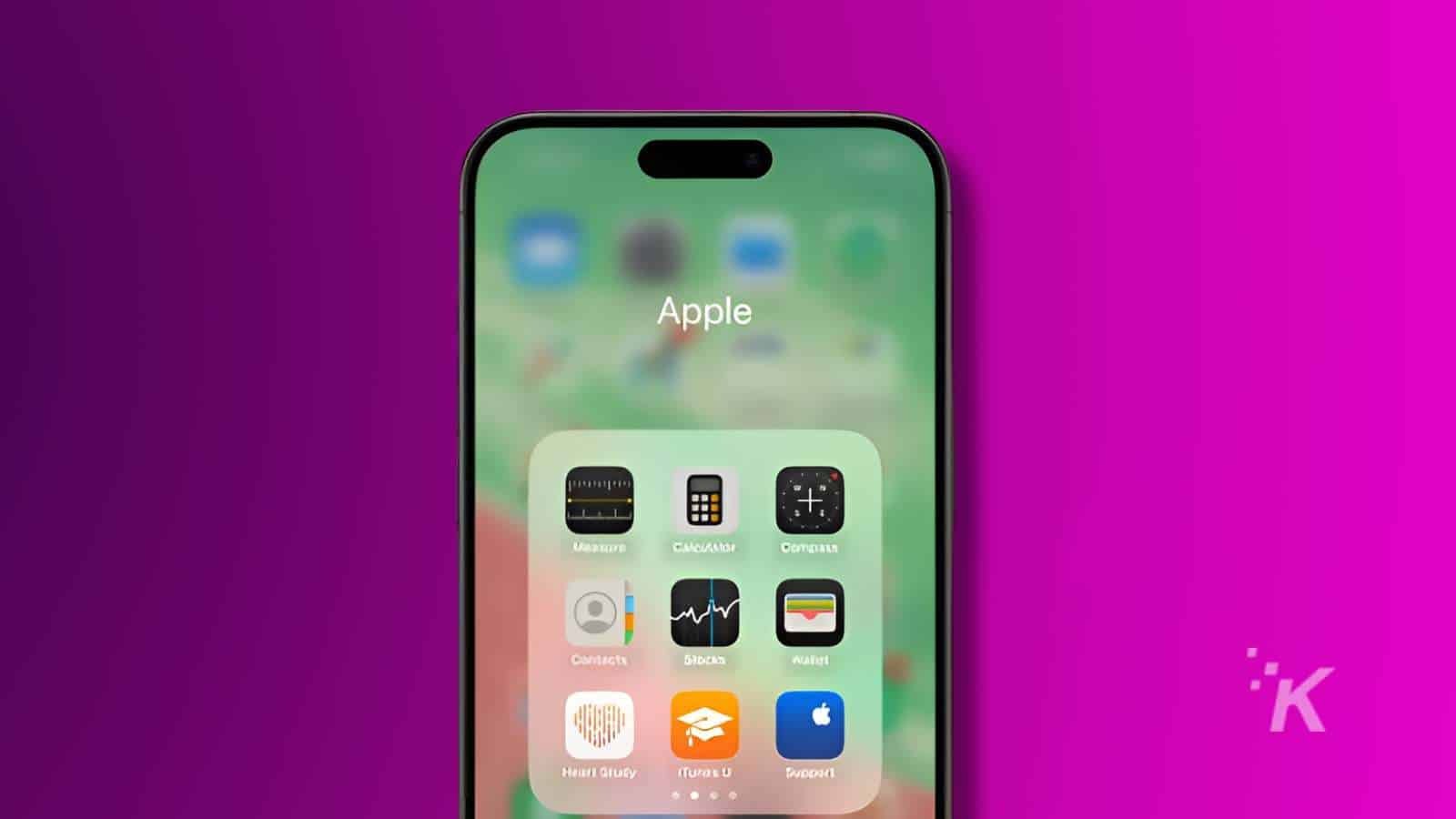 Apple smartphone with apps on screen.