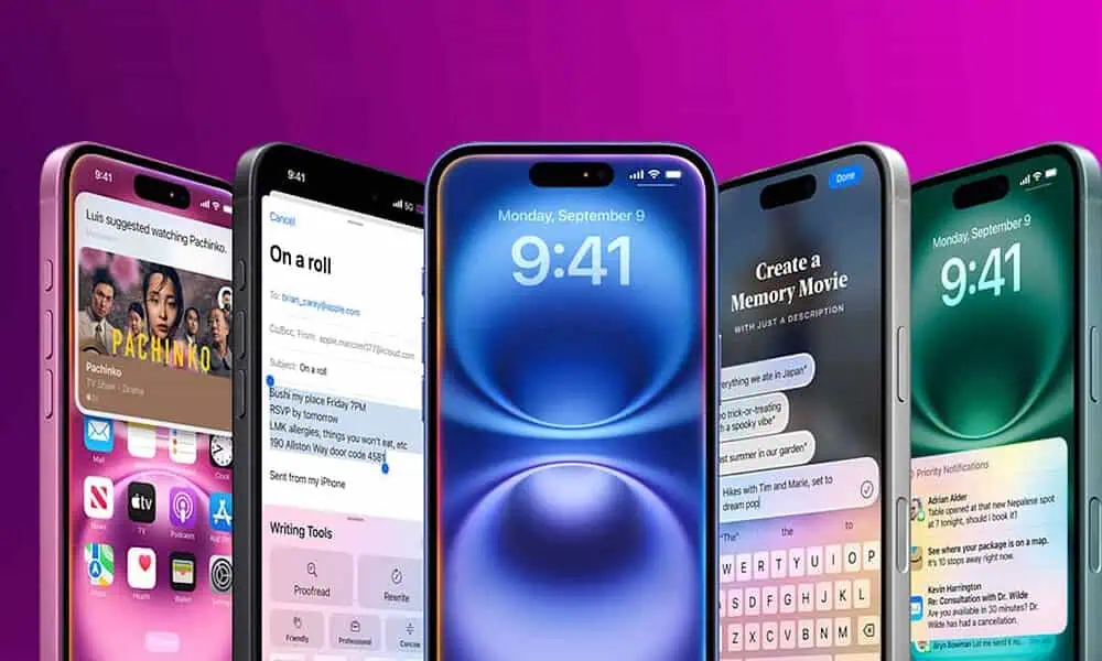 Five smartphones displaying various apps and notifications.