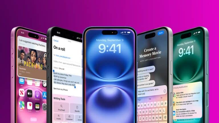 Five smartphones displaying various apps and notifications.