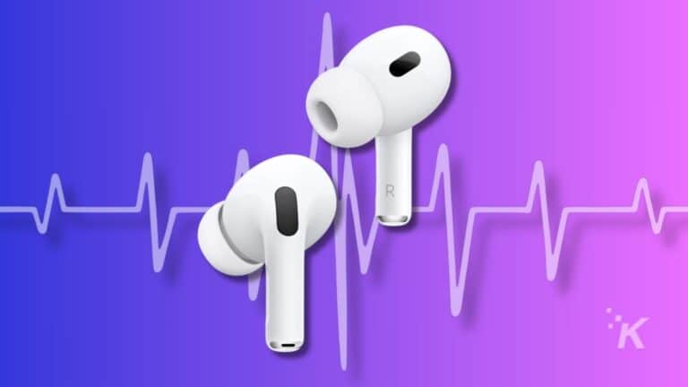 Wireless earbuds with colorful soundwave background.