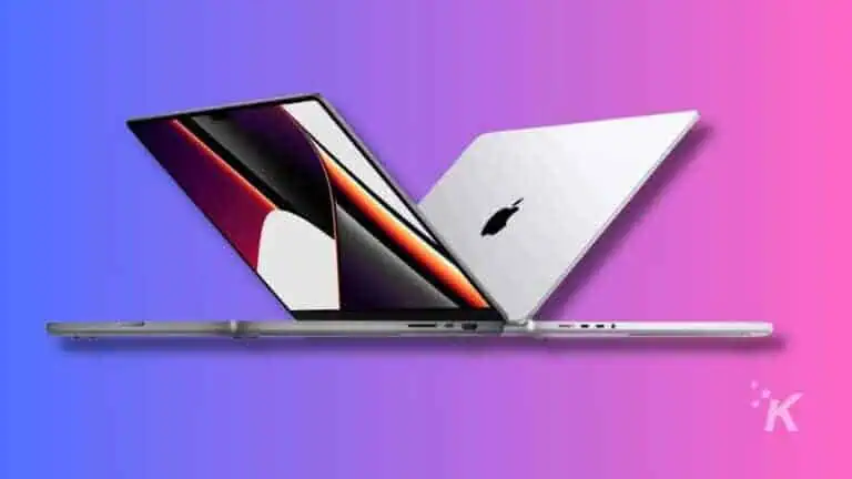Dual laptops on pink-blue gradient background.