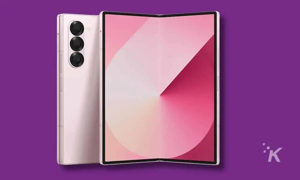 Foldable smartphone with triple camera, purple background