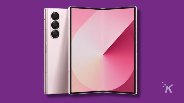 Foldable smartphone with triple camera, purple background