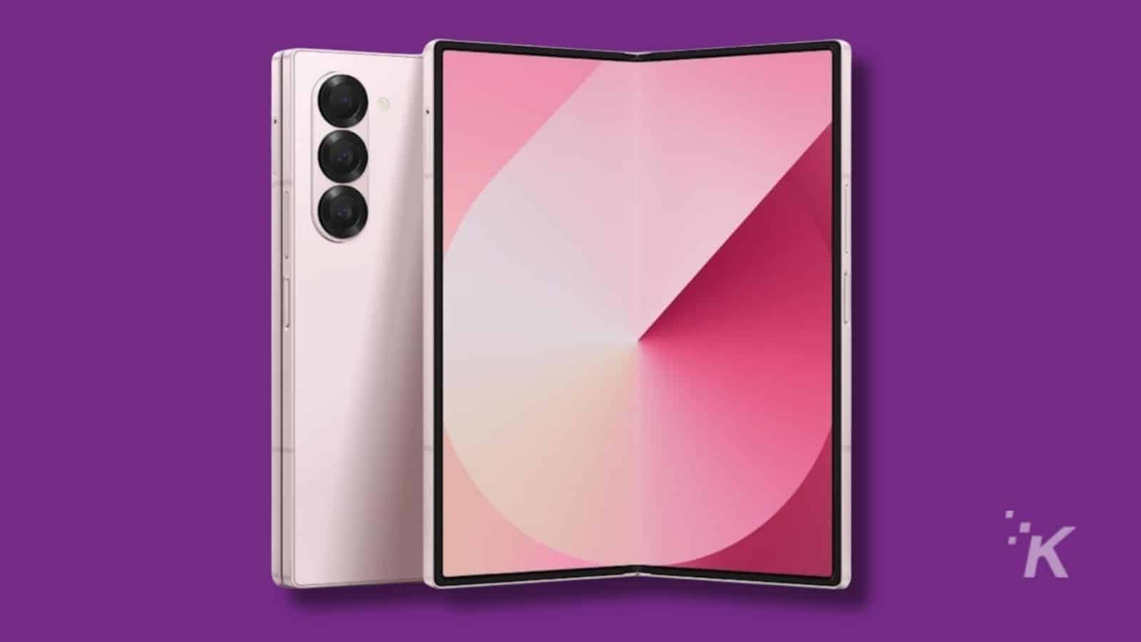 Foldable smartphone with triple camera, purple background