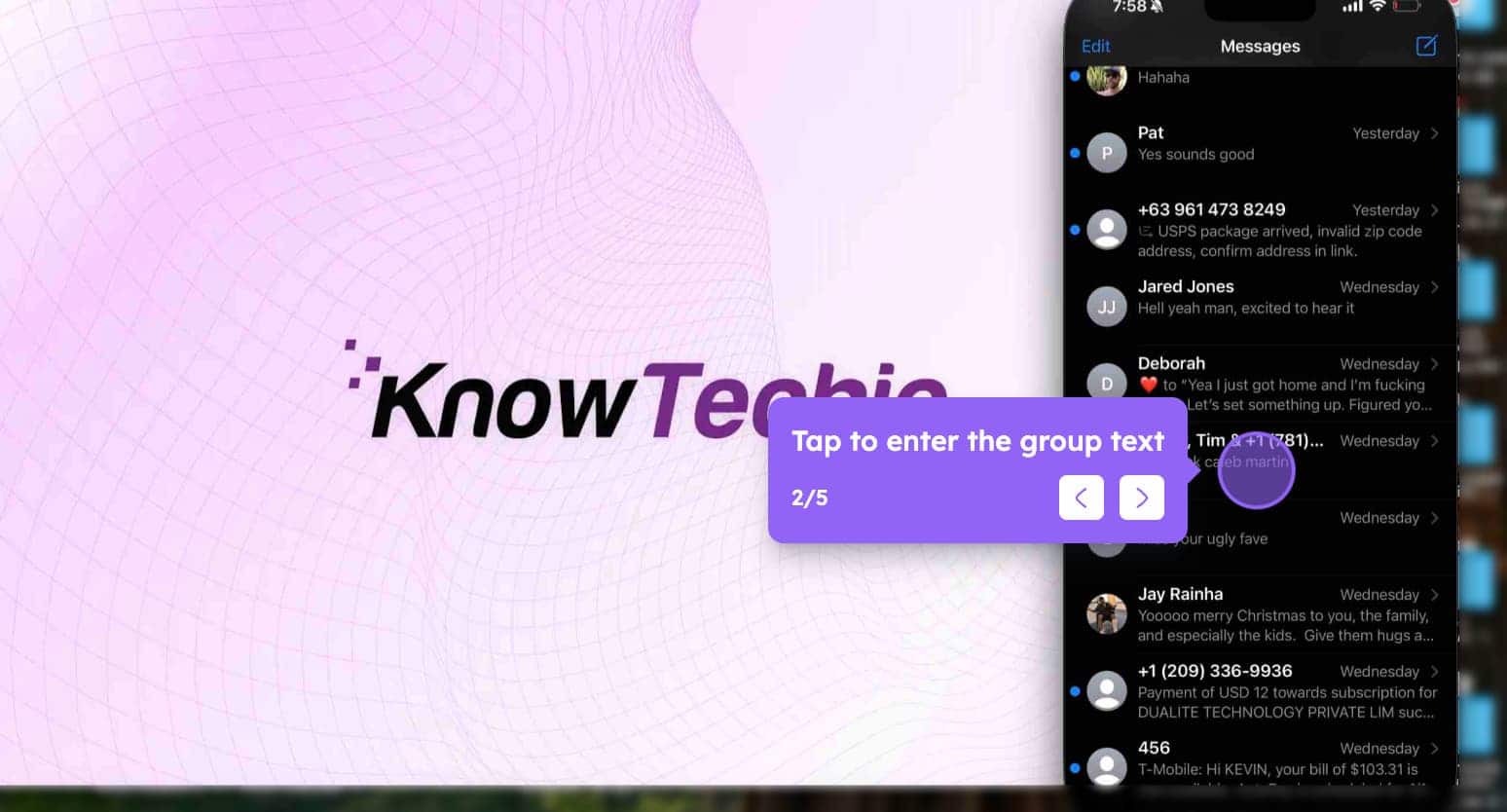 KnowTechie logo and chat message screen.