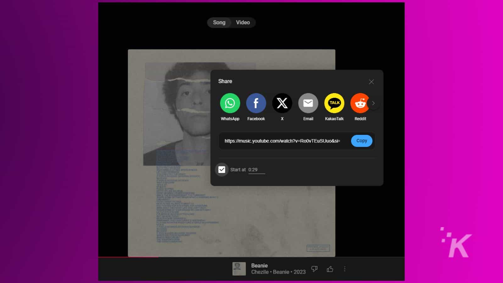 YouTube share options for music video.