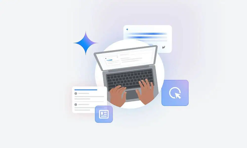 Hands typing on a laptop with icons.