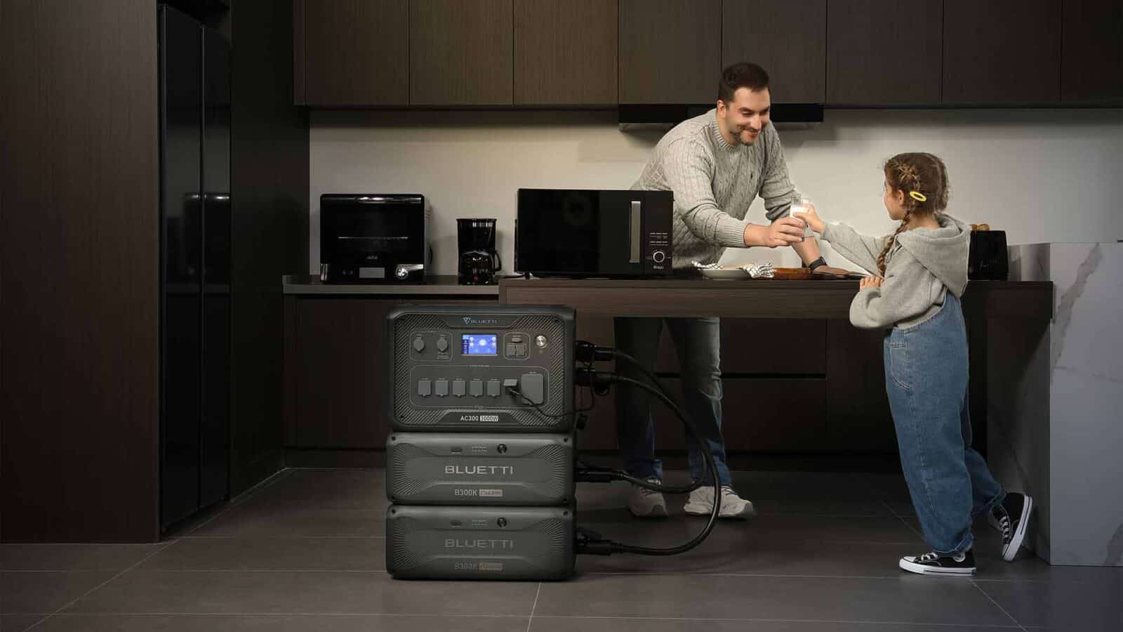 Man and girl in kitchen with power station