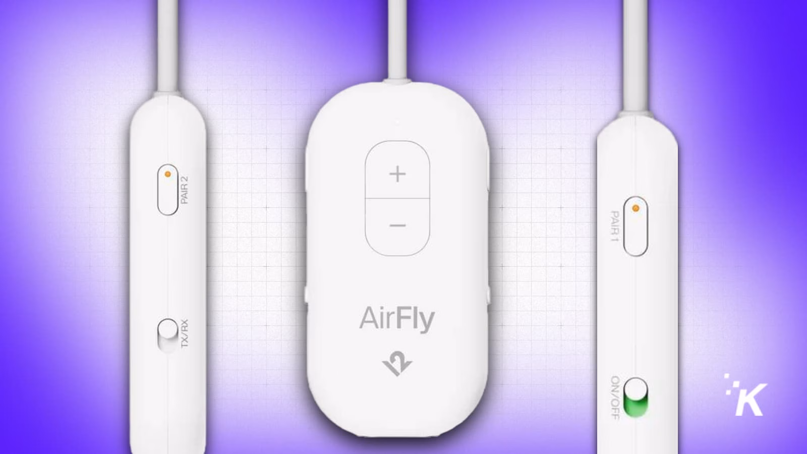 AirFly wireless audio transmitter on purple background