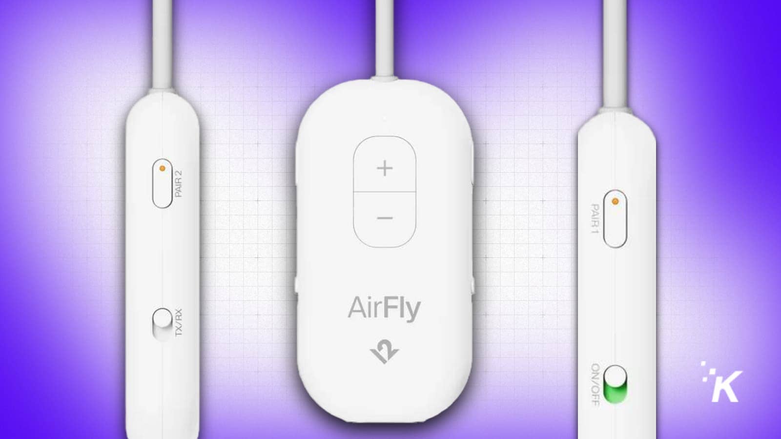 AirFly wireless audio transmitter on purple background