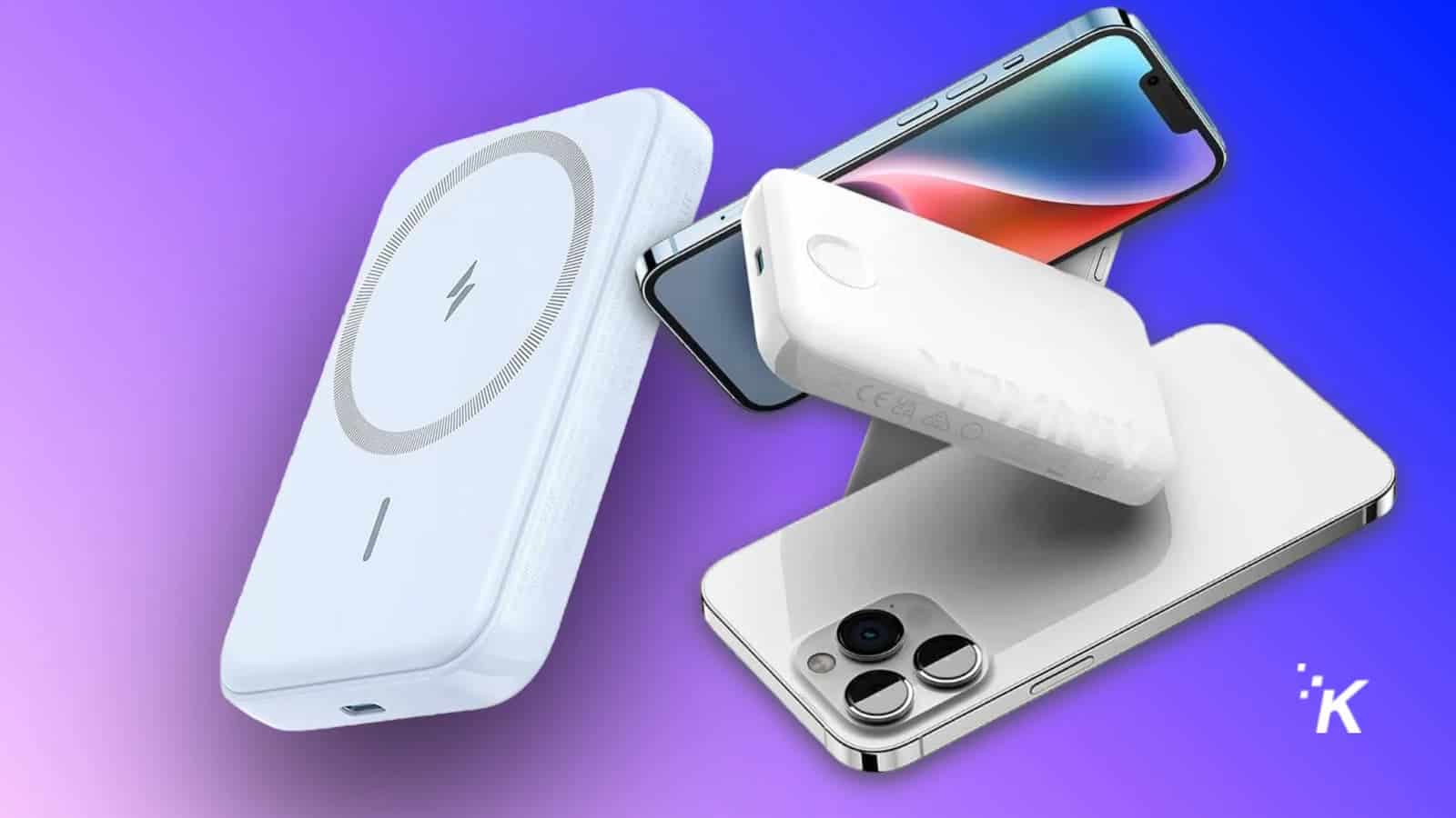 Wireless chargers and iPhones on colorful background