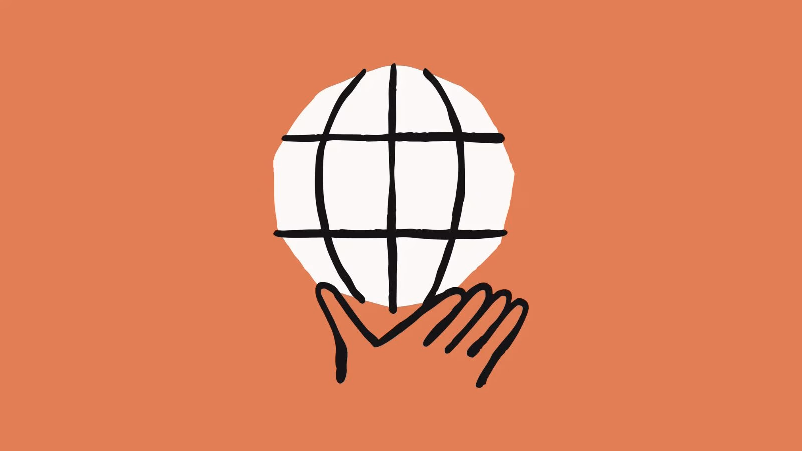 Illustration of hand holding a globe on orange.