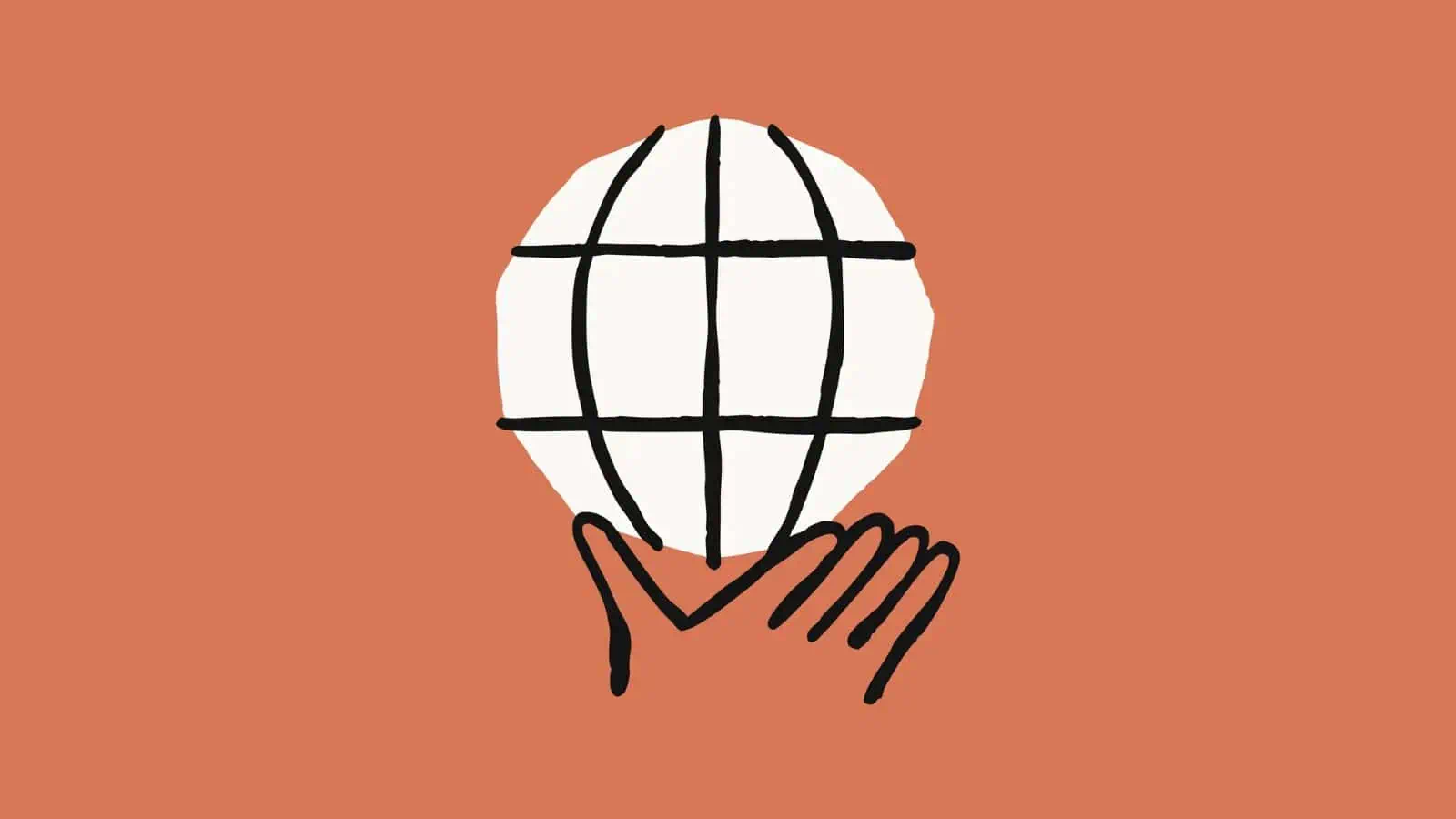 Illustration of hand holding a globe on orange.