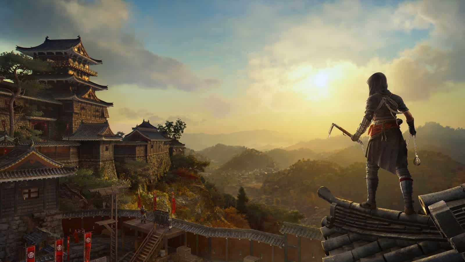 Assassin on rooftop near ancient Japanese castle, sunset.