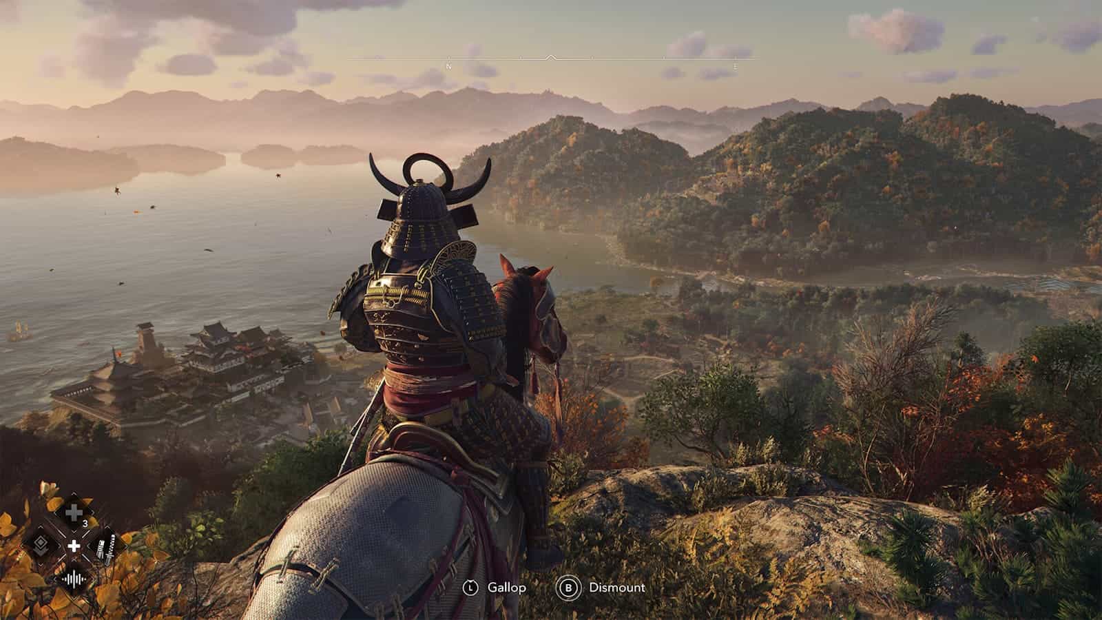 Samurai on horseback overlooking scenic landscape