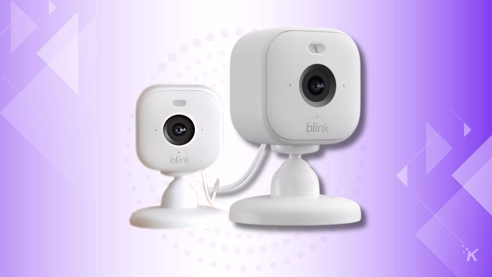 Two Blink security cameras on purple background.
