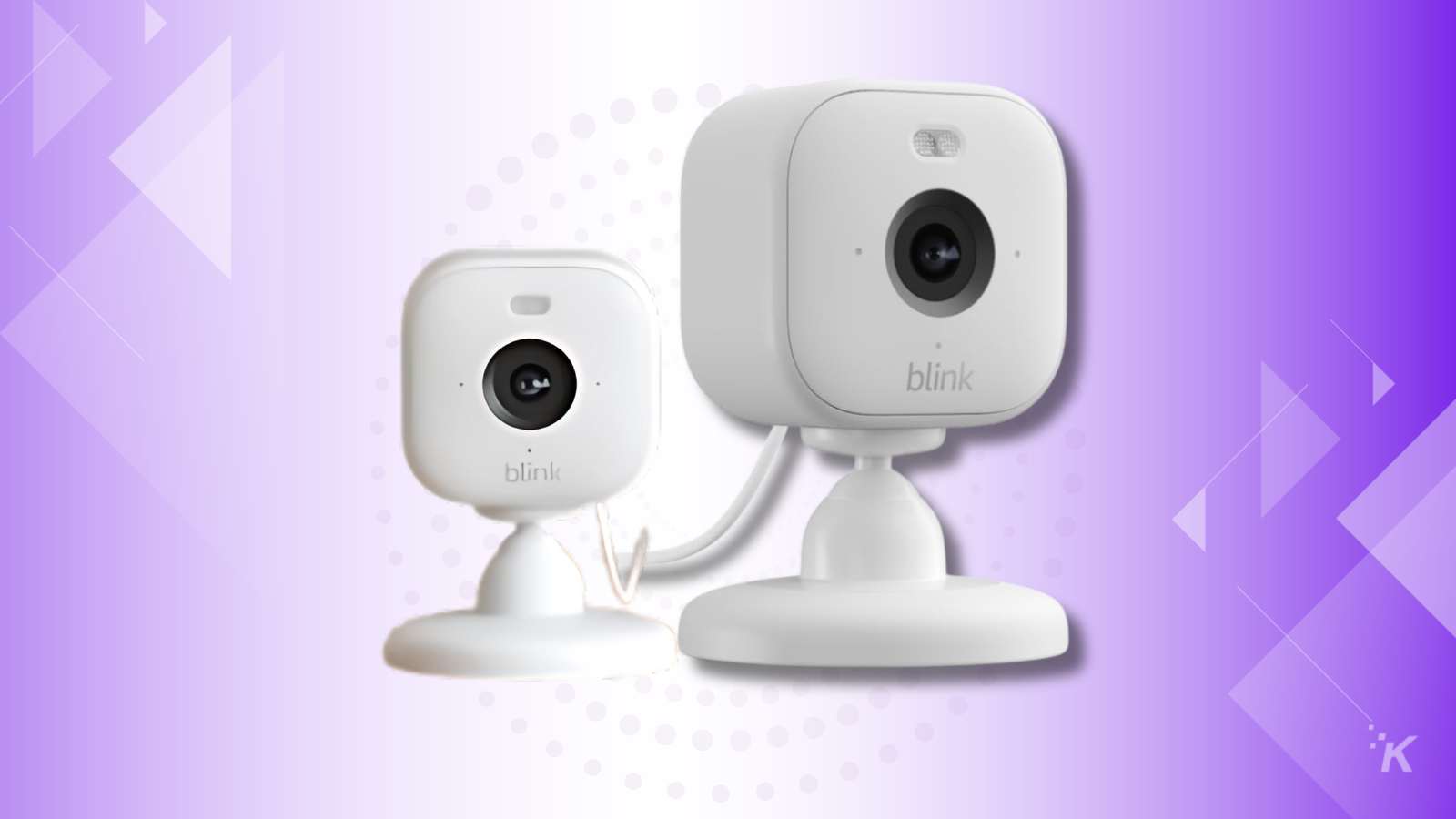Two Blink security cameras on purple background.