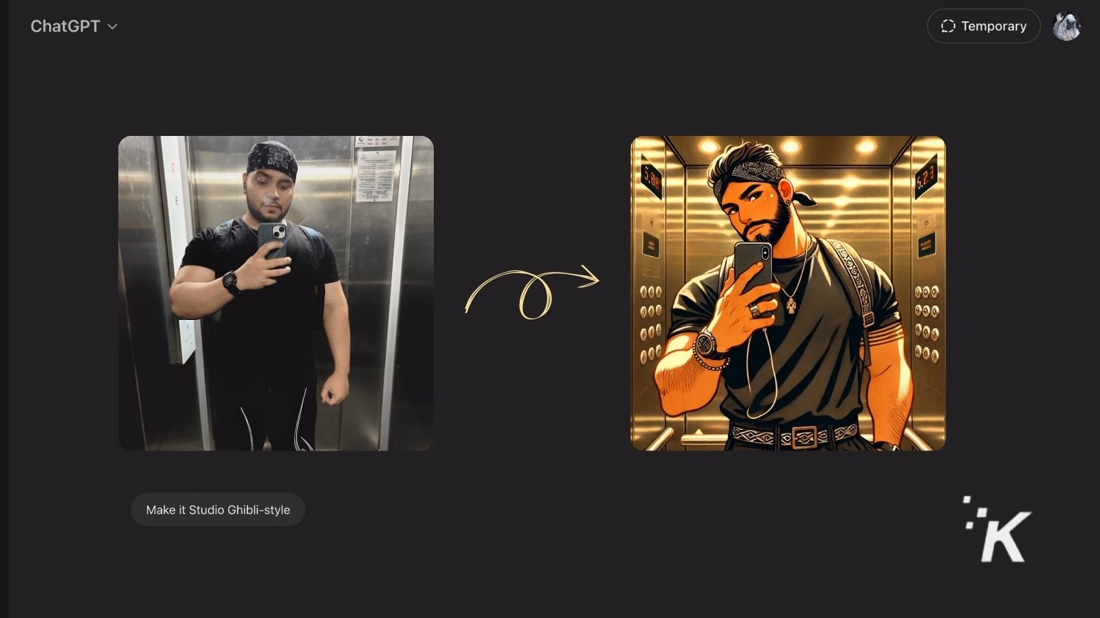 Photo to anime transformation in elevator mirror selfie