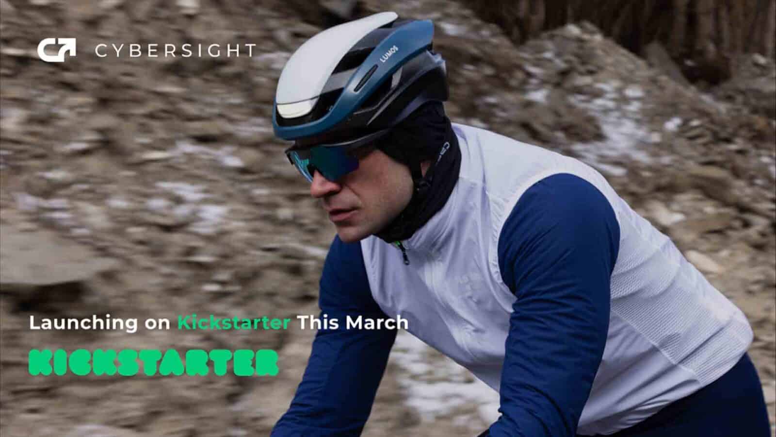 Cyclist wearing Cybersight gear, Kickstarter launch.CYBERSIGHT Guardian HUD  AI glasses