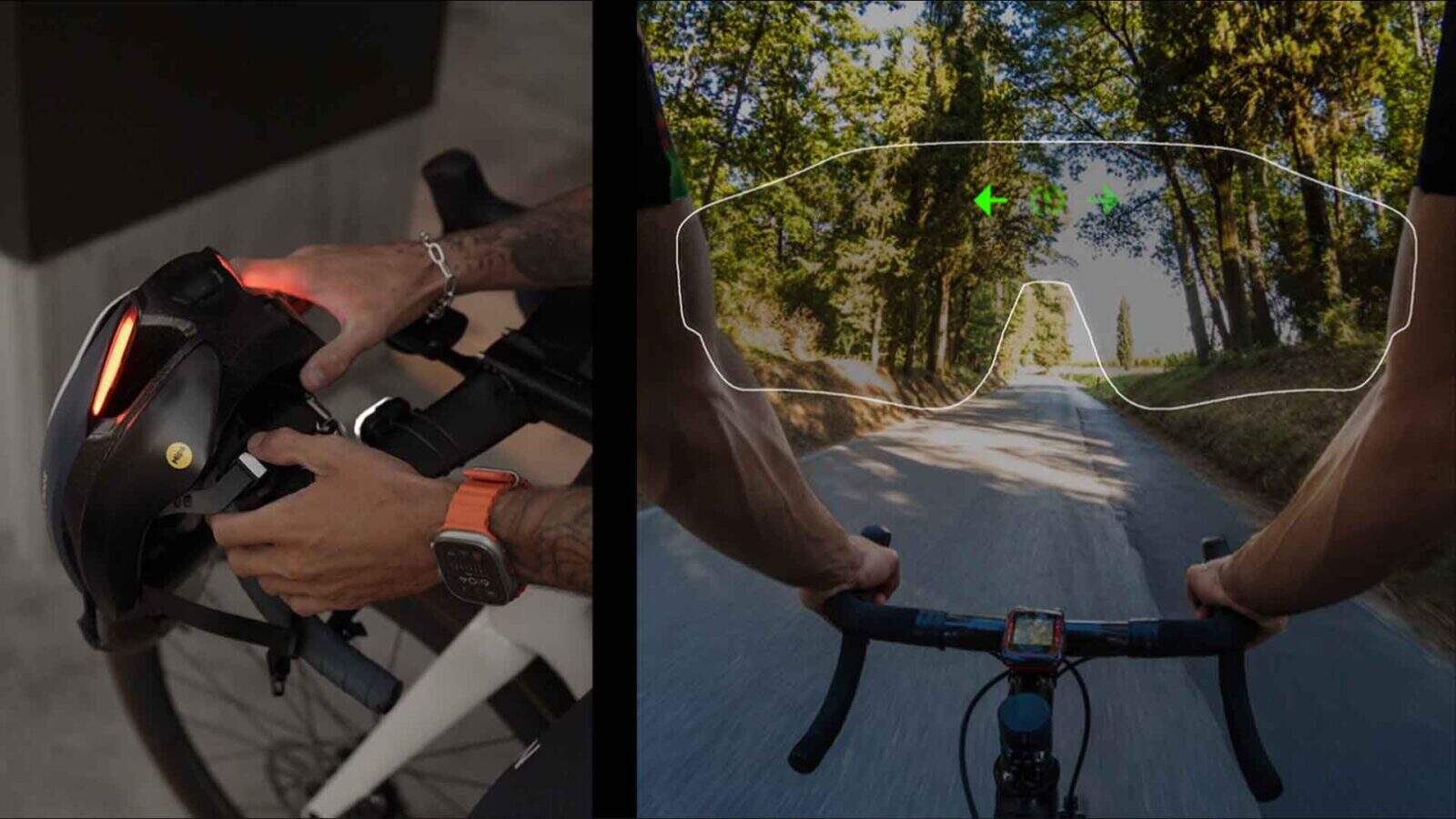 Cyclist activating helmet light and turning on road wearing CYBERSIGHT Guardian HUD AI glasses 