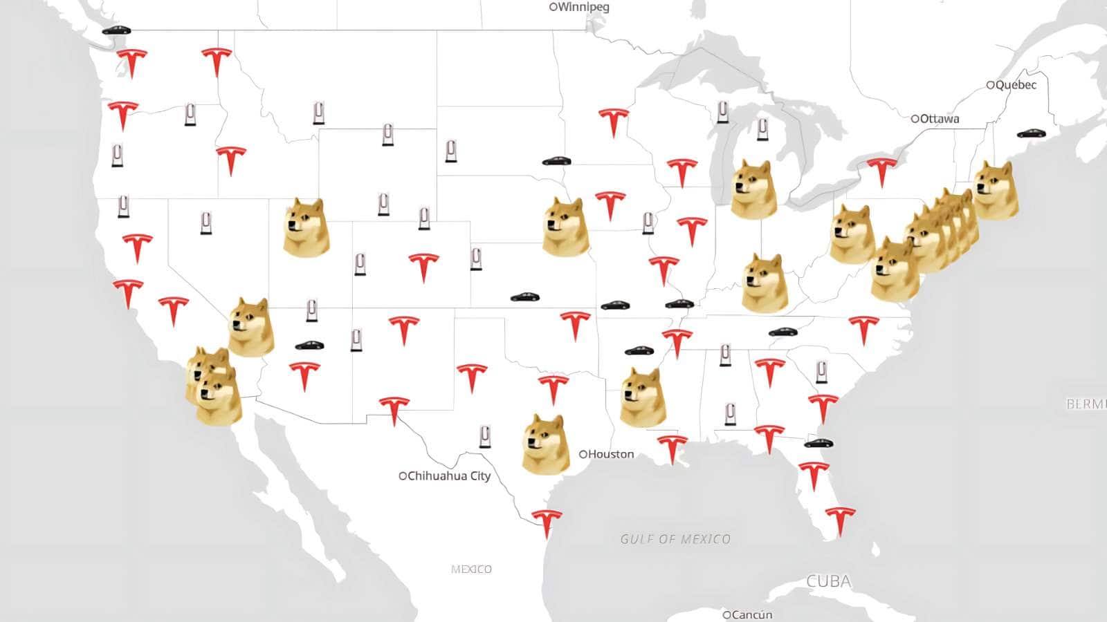 Map with doge meme and Tesla logos