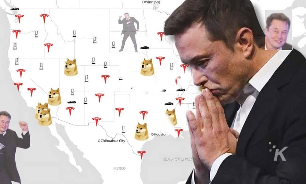 Map with Tesla logos and Dogecoin icons.