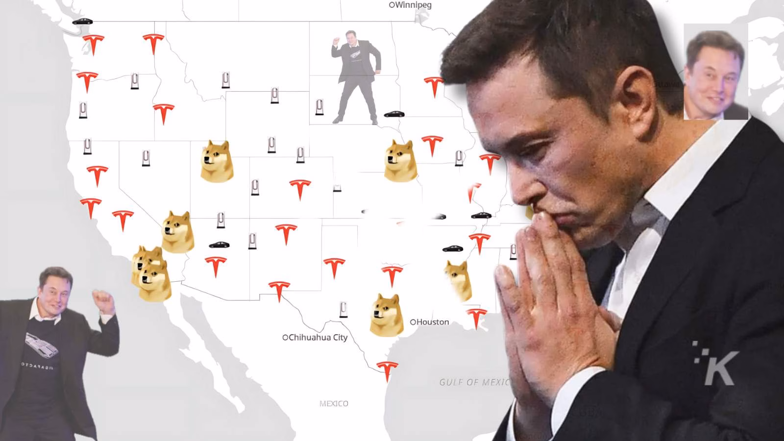 Map with Tesla logos and Dogecoin icons.