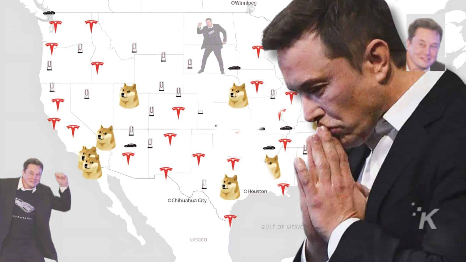 Map with Tesla logos and Dogecoin icons.