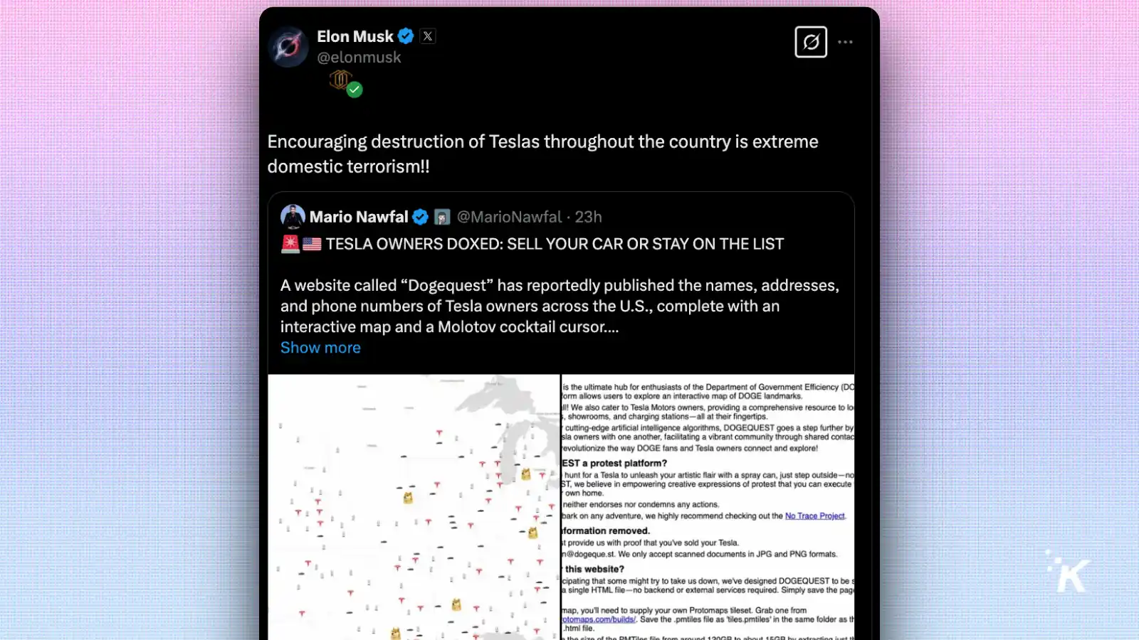 Elon Musk tweet about Tesla owner's information leak.
