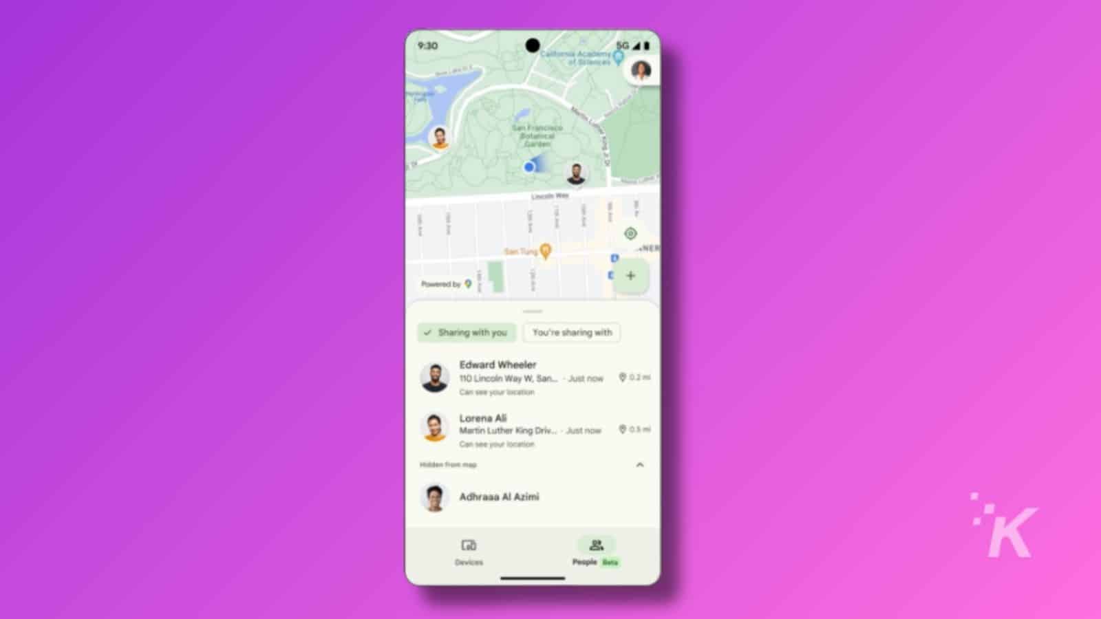 Smartphone displaying map app with contacts sharing locations.