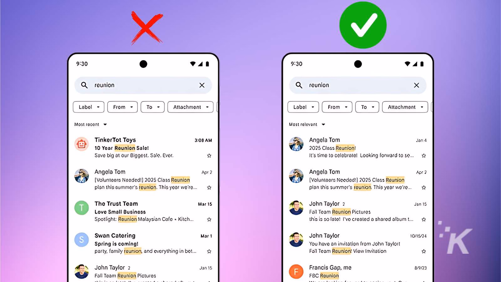 Email search results with better relevance filter.