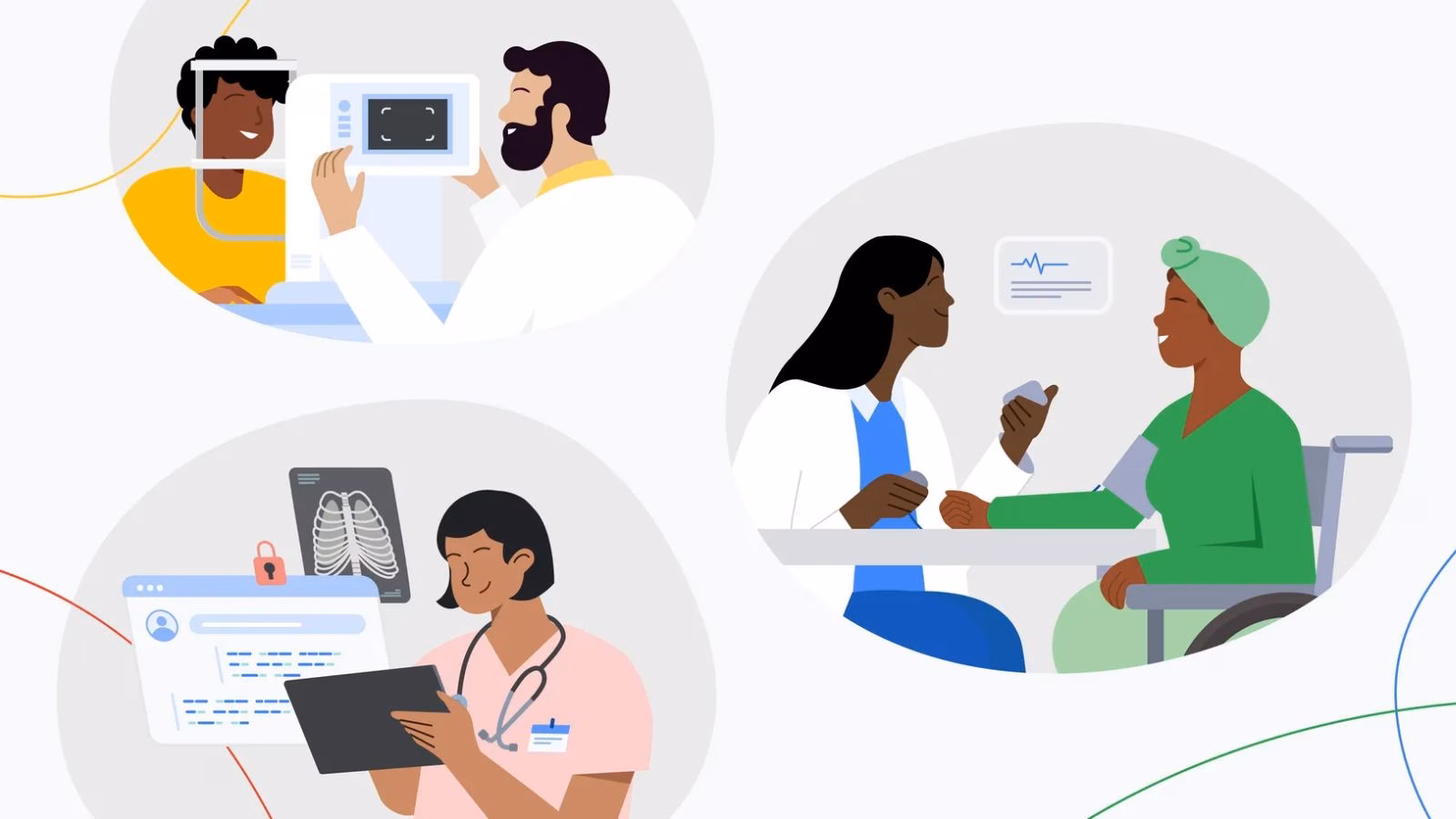 Healthcare professionals interacting with patients and technology.