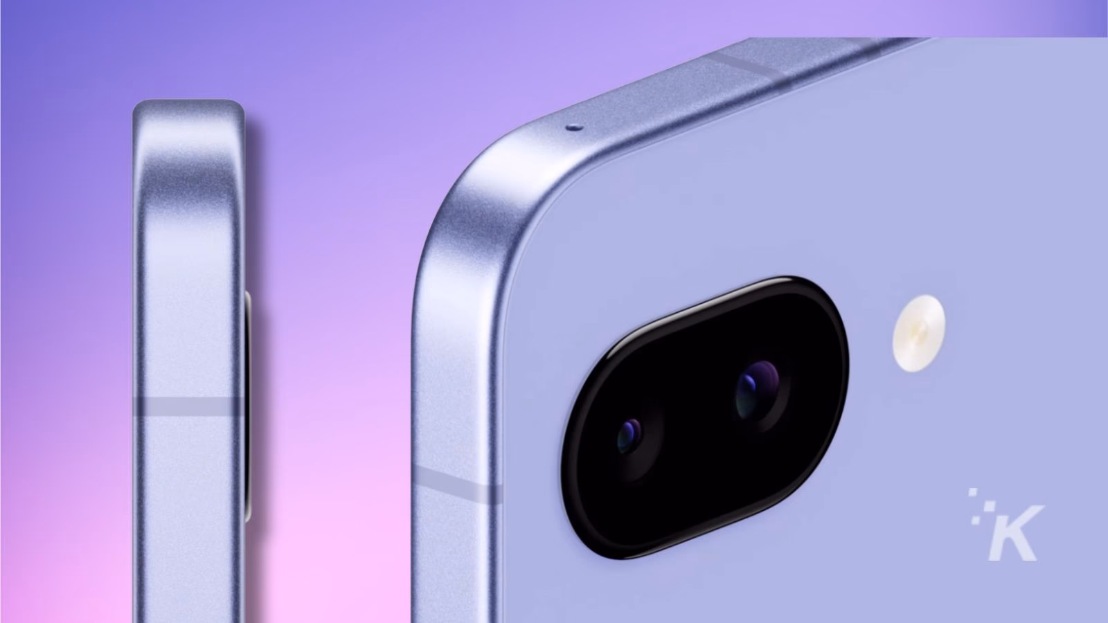 Close-up of smartphone camera module on purple background.