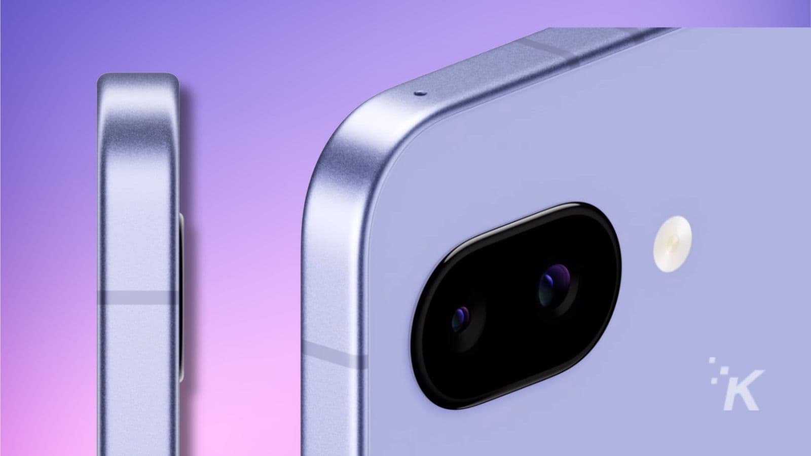 Close-up of smartphone camera module on purple background.