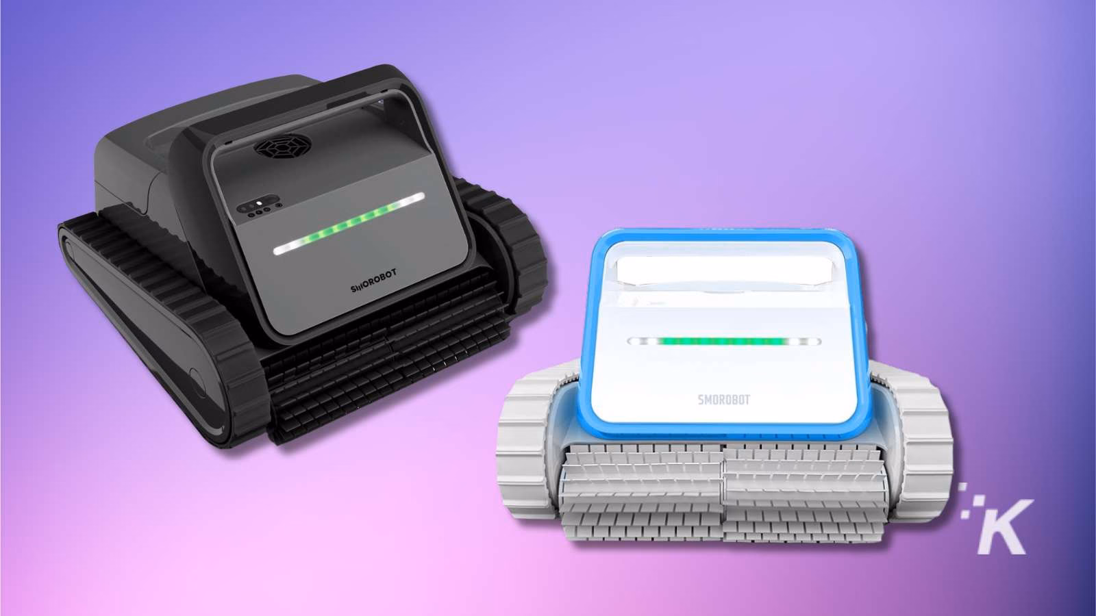 Two robotic vacuum cleaners on purple background.