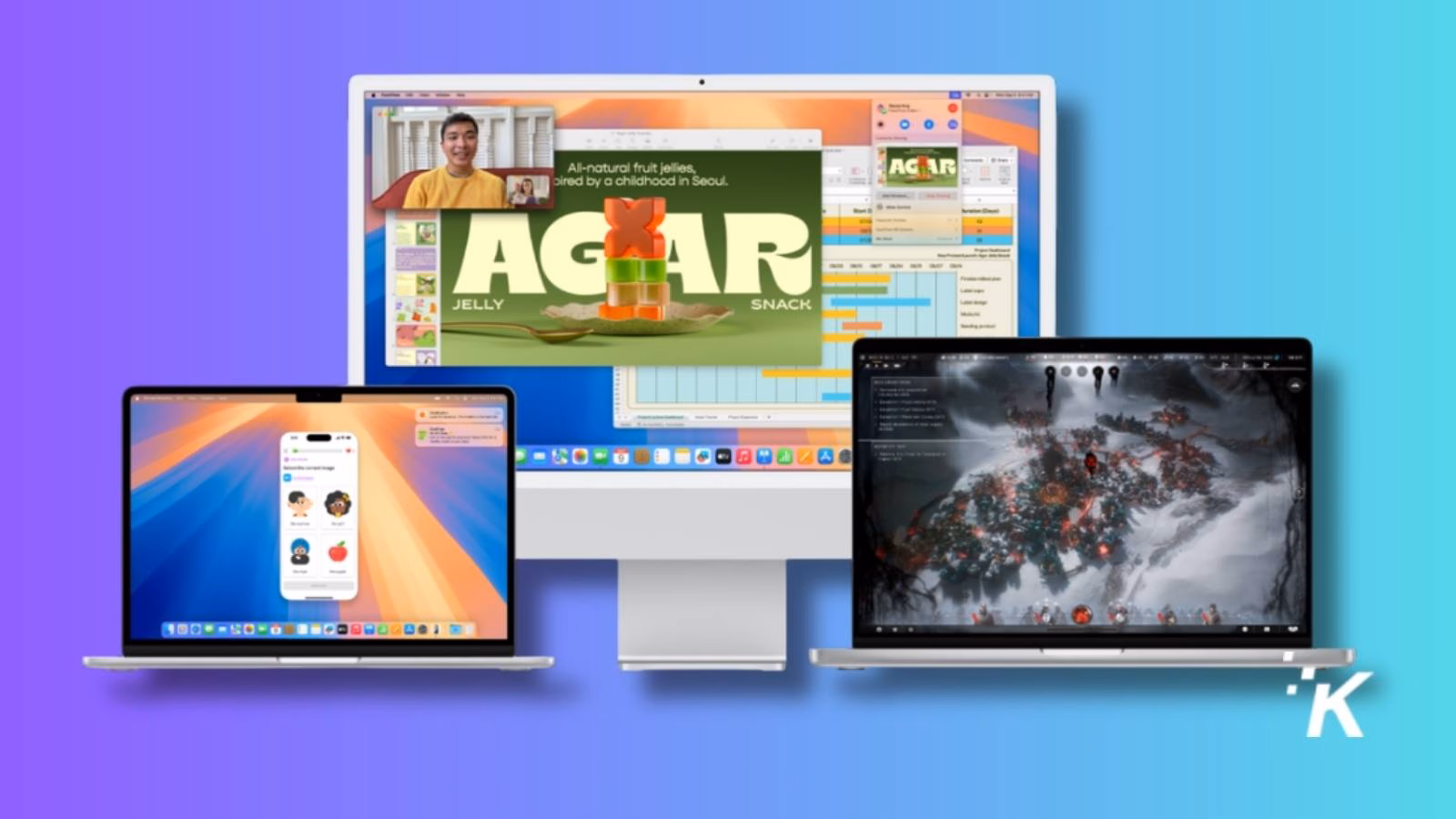 Three Apple computers displaying various applications.