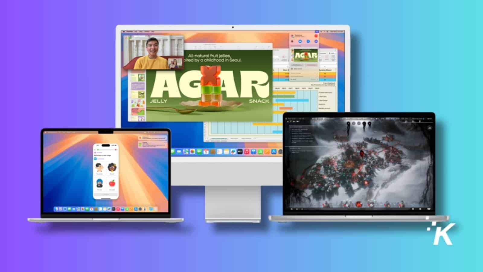 Three Apple computers displaying various applications.