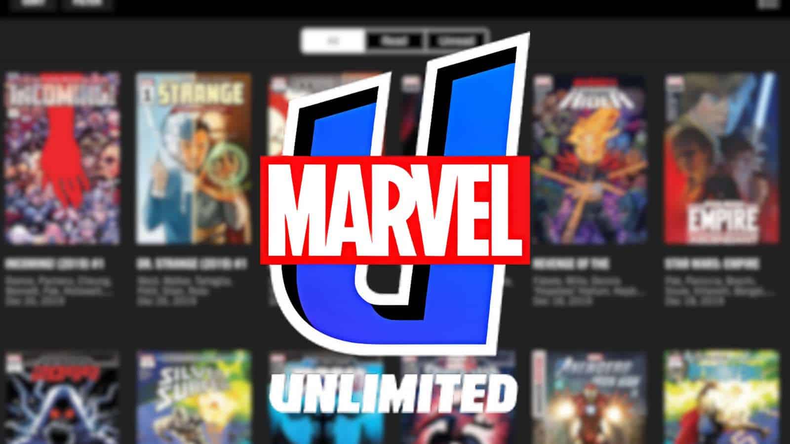Marvel Unlimited homepage with comic covers.