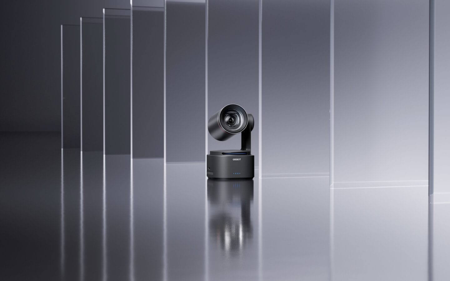 Modern camera on reflective surface and glass panels